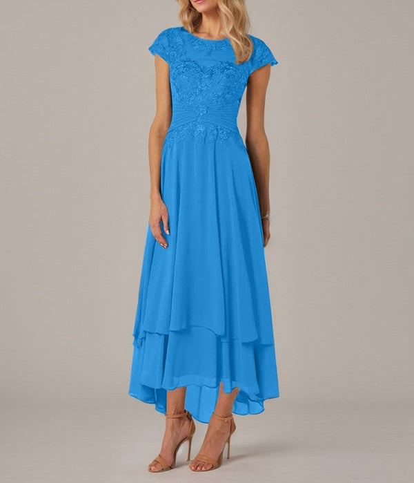 A-line Boat Neck Illusion Asymmetrical Chiffon Lace Mother of the Bride Dress With Applique Pleats