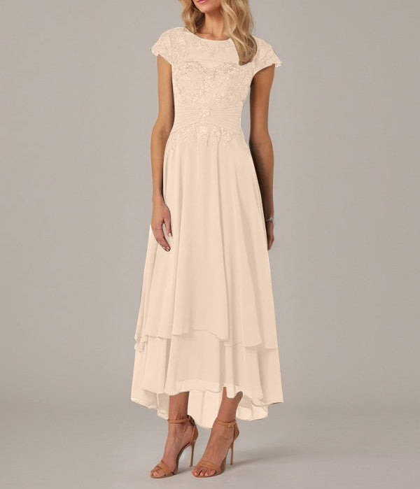 A-line Boat Neck Illusion Asymmetrical Chiffon Lace Mother of the Bride Dress With Applique Pleats