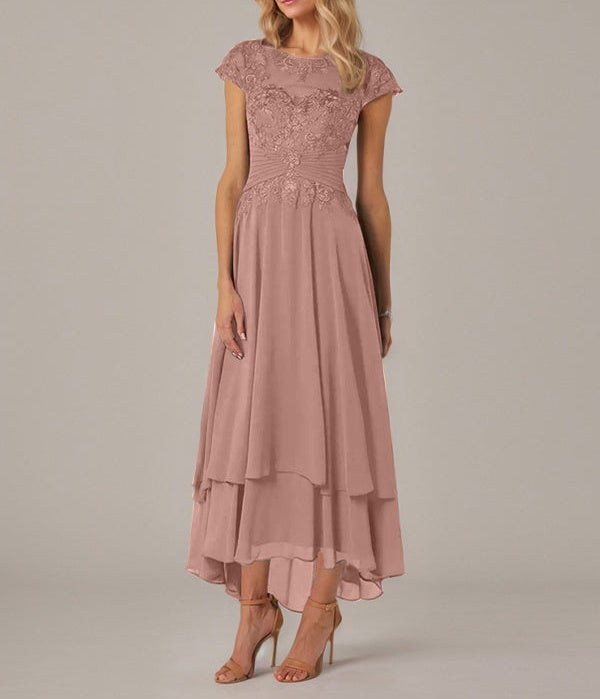 A-line Boat Neck Illusion Asymmetrical Chiffon Lace Mother of the Bride Dress With Applique Pleats