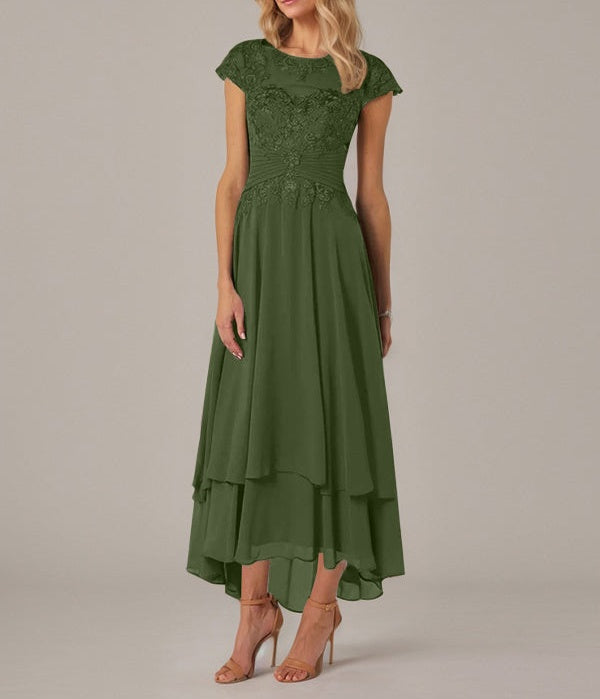 A-line Boat Neck Illusion Asymmetrical Chiffon Lace Mother of the Bride Dress With Applique Pleats