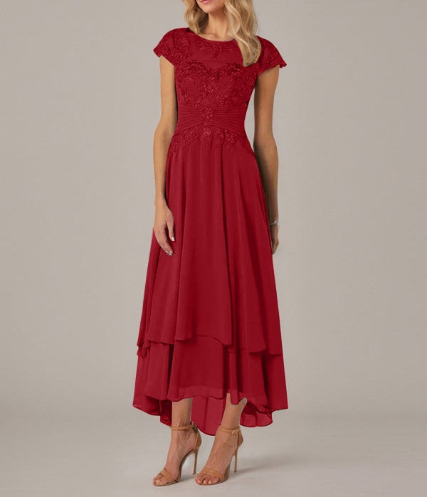 A-line Boat Neck Illusion Asymmetrical Chiffon Lace Mother of the Bride Dress With Applique Pleats