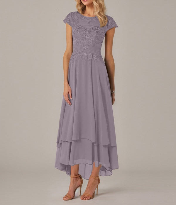 A-line Boat Neck Illusion Asymmetrical Chiffon Lace Mother of the Bride Dress With Applique Pleats