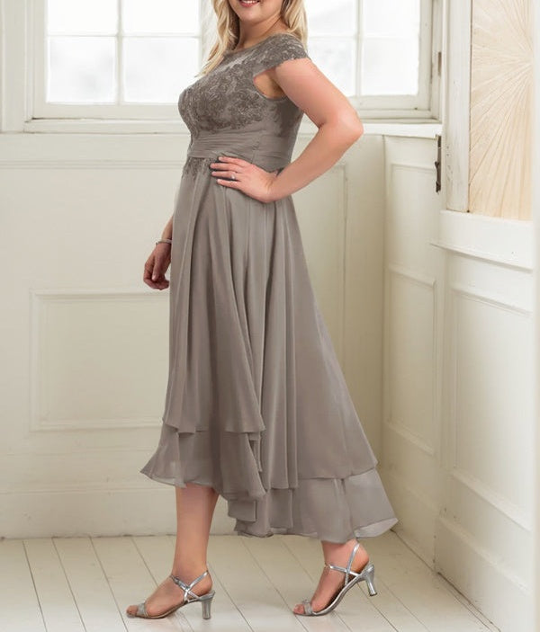 A-line Boat Neck Illusion Asymmetrical Chiffon Lace Mother of the Bride Dress With Applique Pleats
