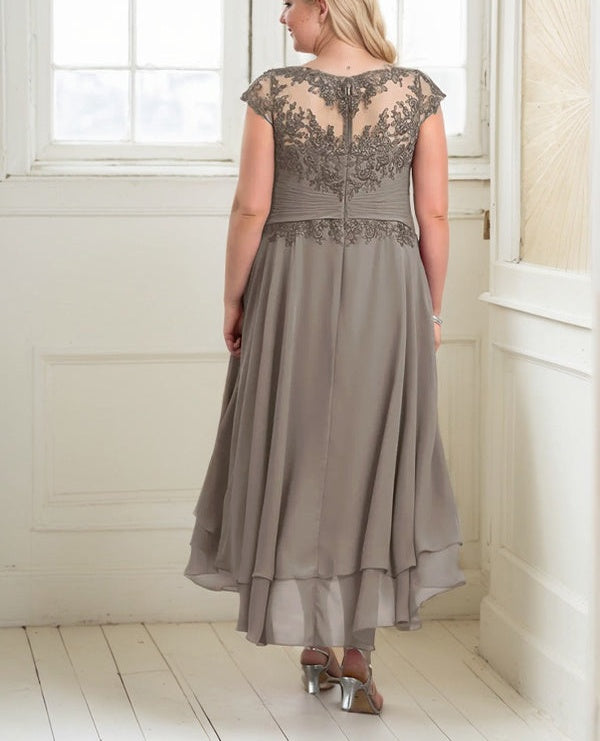 A-line Boat Neck Illusion Asymmetrical Chiffon Lace Mother of the Bride Dress With Applique Pleats
