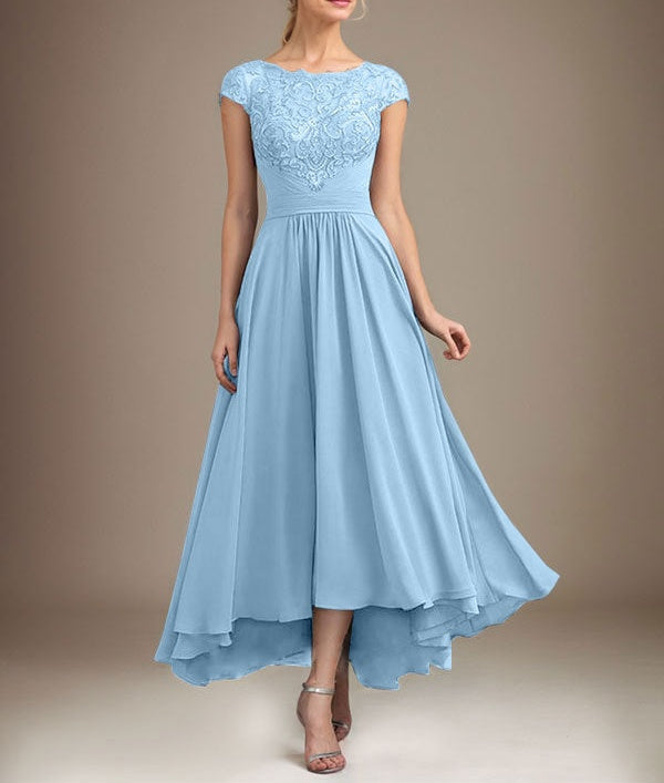 A-line Scoop Illusion Asymmetrical Lace Chiffon Mother of the Bride Dress With Pleated
