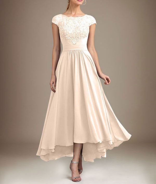 A-line Scoop Illusion Asymmetrical Lace Chiffon Mother of the Bride Dress With Pleated
