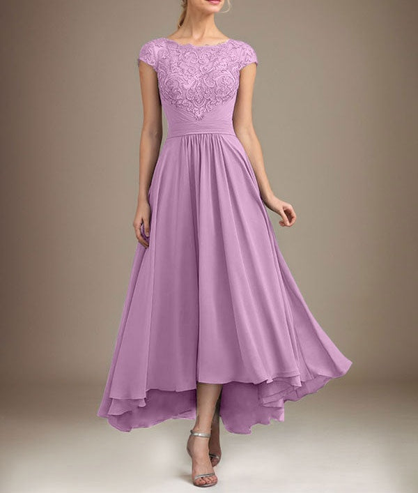 A-line Scoop Illusion Asymmetrical Lace Chiffon Mother of the Bride Dress With Pleated