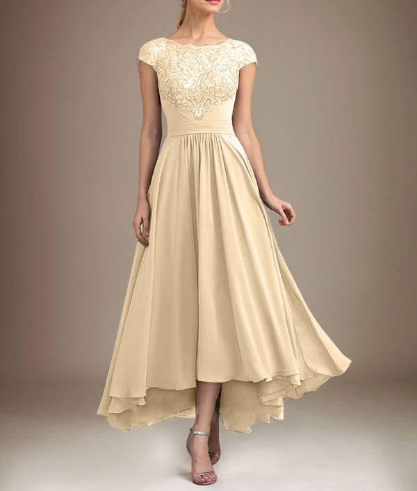 A-line Scoop Illusion Asymmetrical Lace Chiffon Mother of the Bride Dress With Pleated
