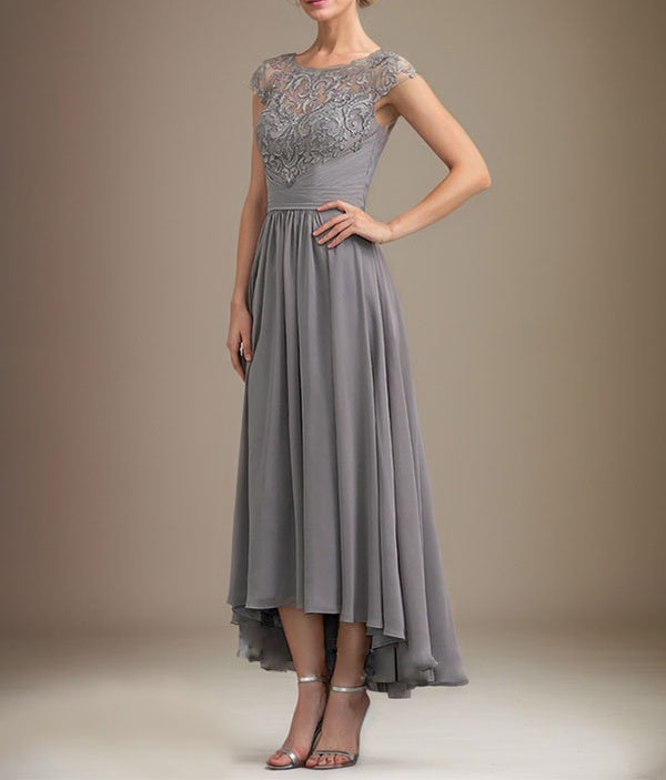 A-line Scoop Illusion Asymmetrical Lace Chiffon Mother of the Bride Dress With Pleated