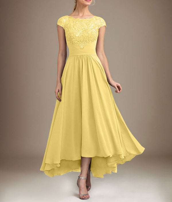 A-line Scoop Illusion Asymmetrical Lace Chiffon Mother of the Bride Dress With Pleated