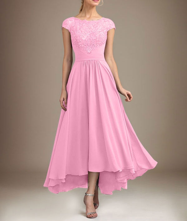 A-line Scoop Illusion Asymmetrical Lace Chiffon Mother of the Bride Dress With Pleated