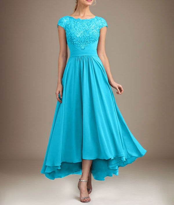 A-line Scoop Illusion Asymmetrical Lace Chiffon Mother of the Bride Dress With Pleated