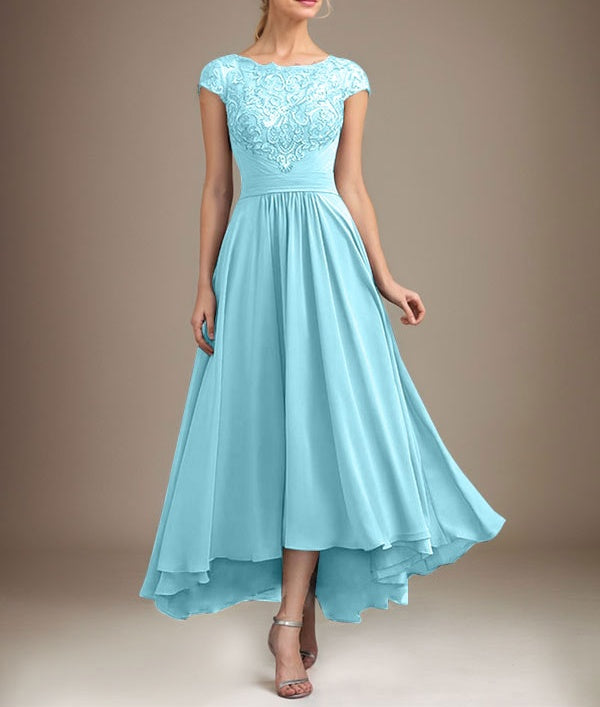 A-line Scoop Illusion Asymmetrical Lace Chiffon Mother of the Bride Dress With Pleated