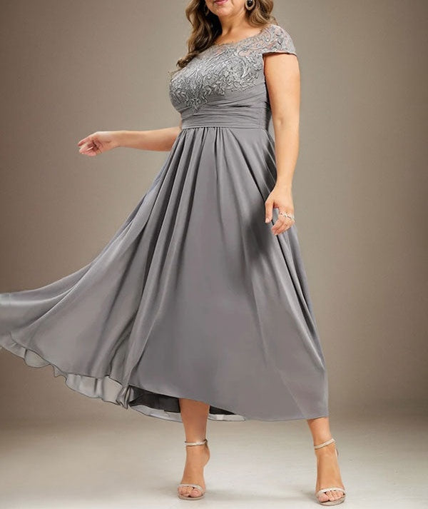 A-line Scoop Illusion Asymmetrical Lace Chiffon Mother of the Bride Dress With Pleated