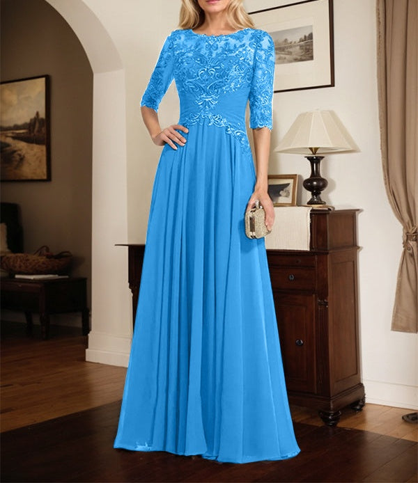 A-line Scoop Illusion Floor-Length Chiffon Lace Mother of the Bride Dress With Pleated Sequins
