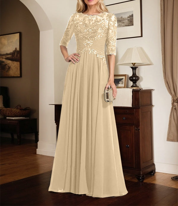 A-line Scoop Illusion Floor-Length Chiffon Lace Mother of the Bride Dress With Pleated Sequins