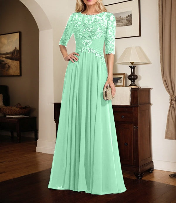 A-line Scoop Illusion Floor-Length Chiffon Lace Mother of the Bride Dress With Pleated Sequins