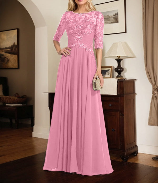 A-line Scoop Illusion Floor-Length Chiffon Lace Mother of the Bride Dress With Pleated Sequins