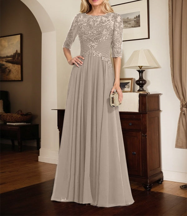 A-line Scoop Illusion Floor-Length Chiffon Lace Mother of the Bride Dress With Pleated Sequins