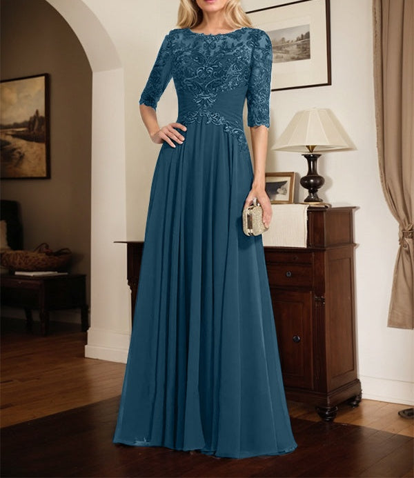 A-line Scoop Illusion Floor-Length Chiffon Lace Mother of the Bride Dress With Pleated Sequins