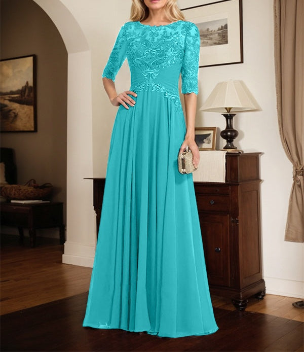 A-line Scoop Illusion Floor-Length Chiffon Lace Mother of the Bride Dress With Pleated Sequins