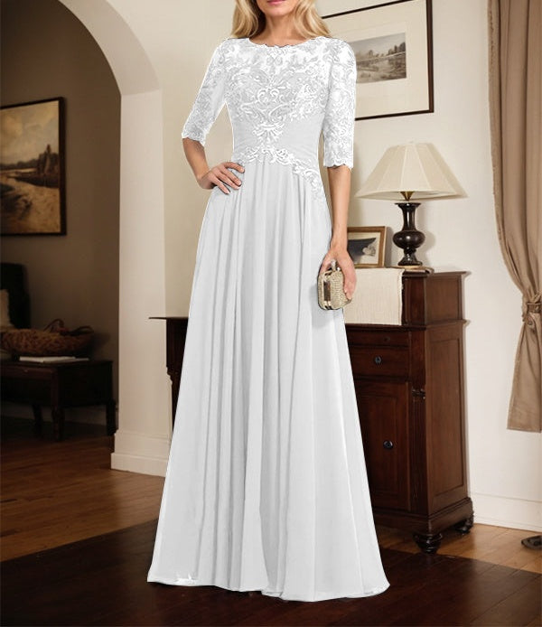 A-line Scoop Illusion Floor-Length Chiffon Lace Mother of the Bride Dress With Pleated Sequins