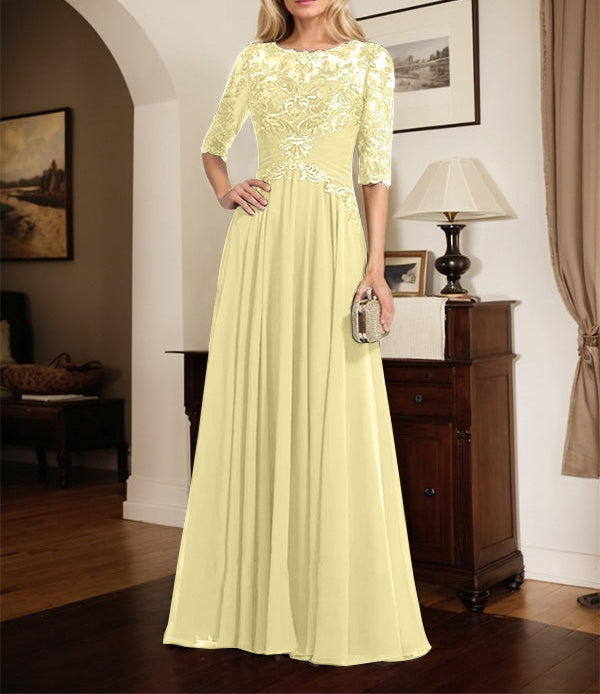A-line Scoop Illusion Floor-Length Chiffon Lace Mother of the Bride Dress With Pleated Sequins