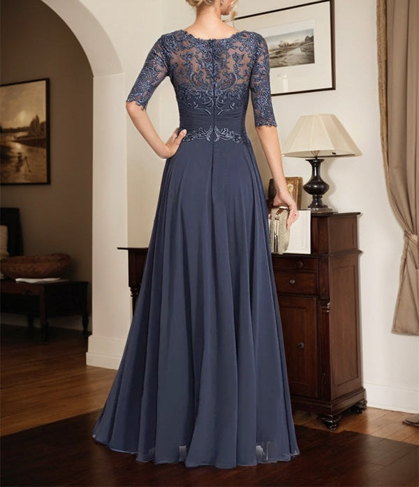 A-line Scoop Illusion Floor-Length Chiffon Lace Mother of the Bride Dress With Pleated Sequins