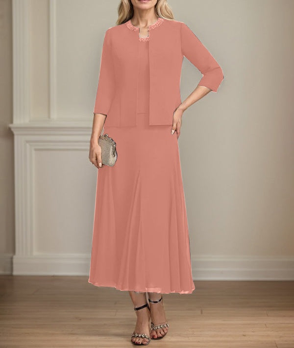 Separates A-line Scoop Tea-Length Chiffon Mother of the Bride Dress With Sequins Beading