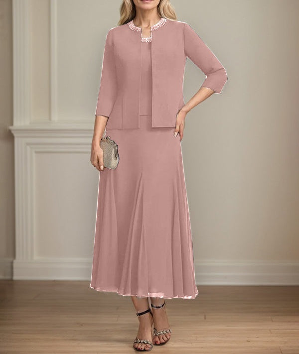Separates A-line Scoop Tea-Length Chiffon Mother of the Bride Dress With Sequins Beading