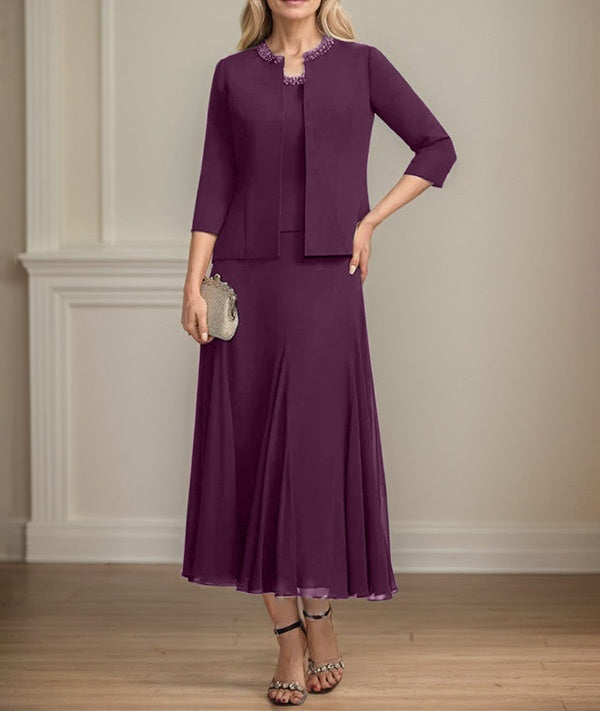 Separates A-line Scoop Tea-Length Chiffon Mother of the Bride Dress With Sequins Beading