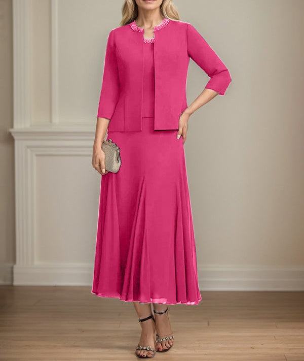 Separates A-line Scoop Tea-Length Chiffon Mother of the Bride Dress With Sequins Beading
