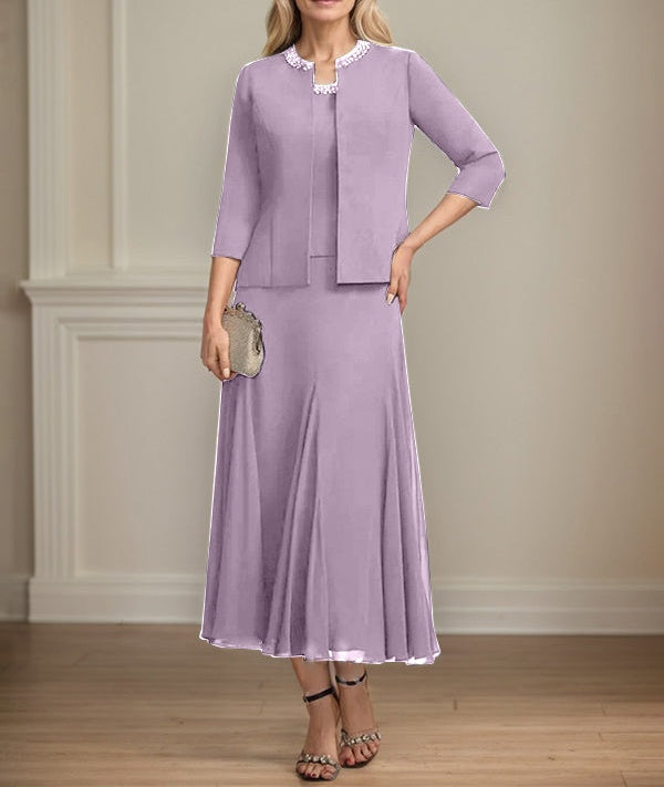 Separates A-line Scoop Tea-Length Chiffon Mother of the Bride Dress With Sequins Beading