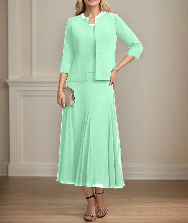 Separates A-line Scoop Tea-Length Chiffon Mother of the Bride Dress With Sequins Beading