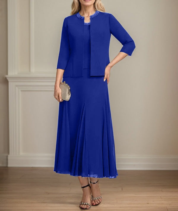 Separates A-line Scoop Tea-Length Chiffon Mother of the Bride Dress With Sequins Beading