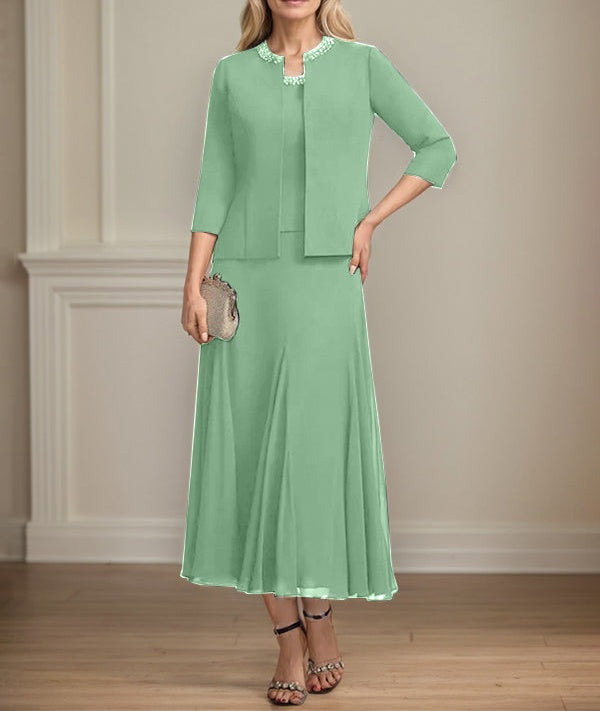 Separates A-line Scoop Tea-Length Chiffon Mother of the Bride Dress With Sequins Beading