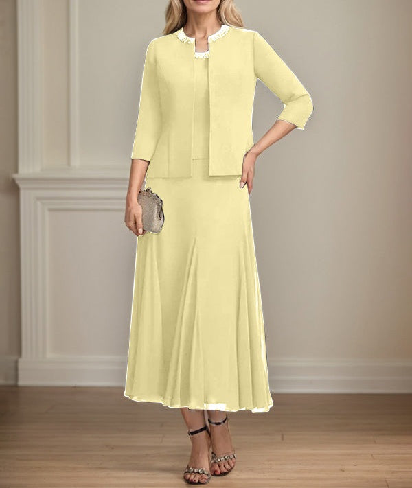Separates A-line Scoop Tea-Length Chiffon Mother of the Bride Dress With Sequins Beading