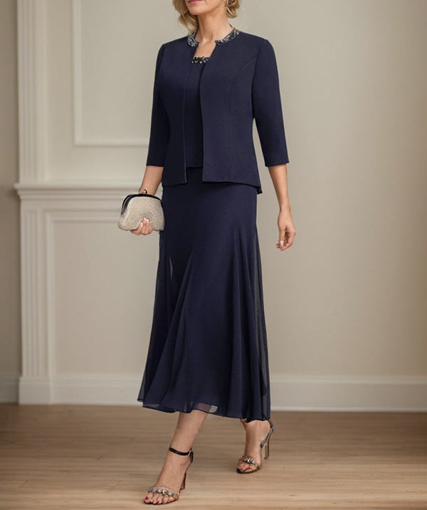 Separates A-line Scoop Tea-Length Chiffon Mother of the Bride Dress With Sequins Beading