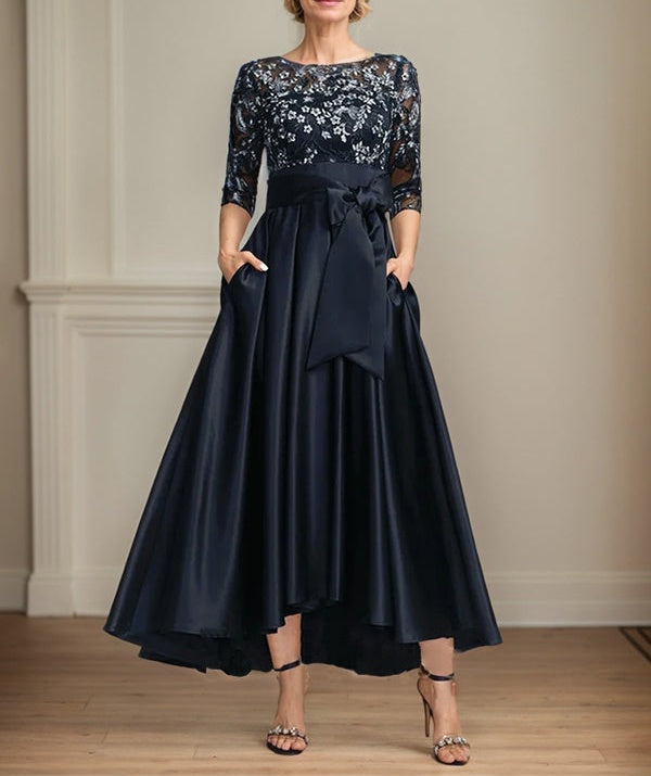 A-line Scoop Illusion Asymmetrical Satin Lace Mother of the Bride Dress With Bow