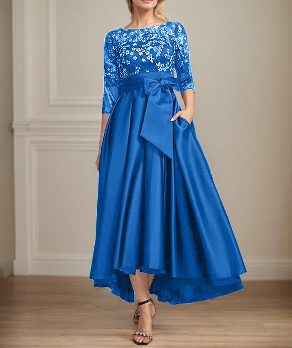 A-line Scoop Illusion Asymmetrical Satin Lace Mother of the Bride Dress With Bow