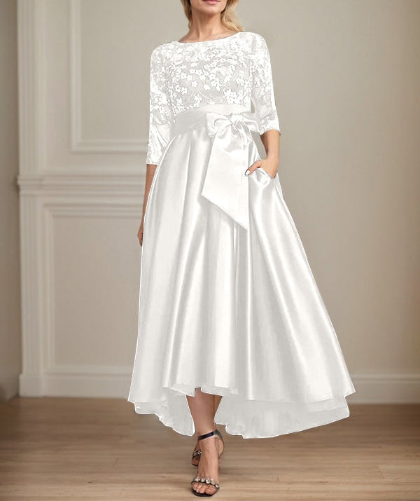A-line Scoop Illusion Asymmetrical Satin Lace Mother of the Bride Dress With Bow