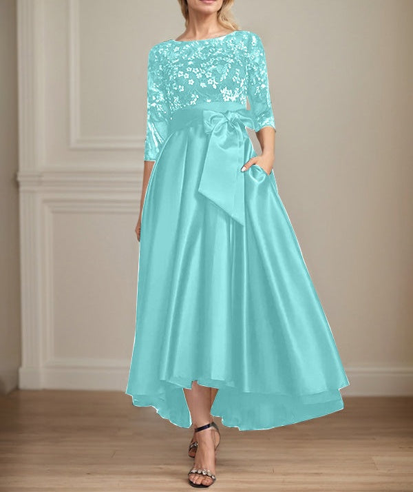 A-line Scoop Illusion Asymmetrical Satin Lace Mother of the Bride Dress With Bow