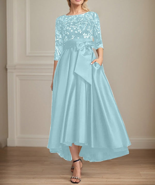 A-line Scoop Illusion Asymmetrical Satin Lace Mother of the Bride Dress With Bow