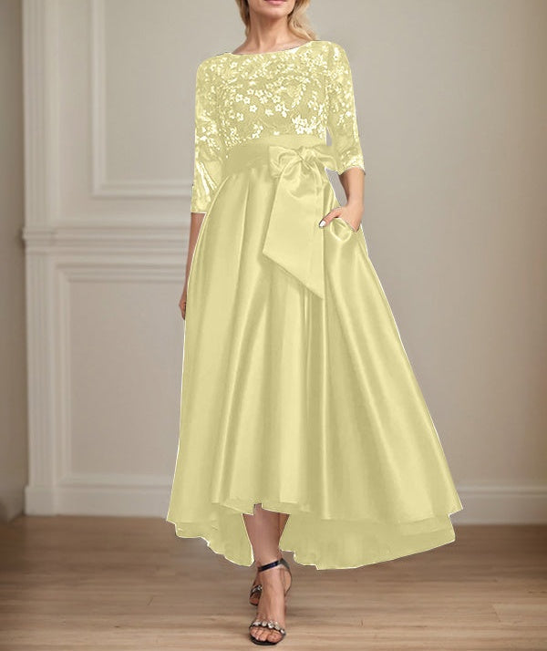 A-line Scoop Illusion Asymmetrical Satin Lace Mother of the Bride Dress With Bow