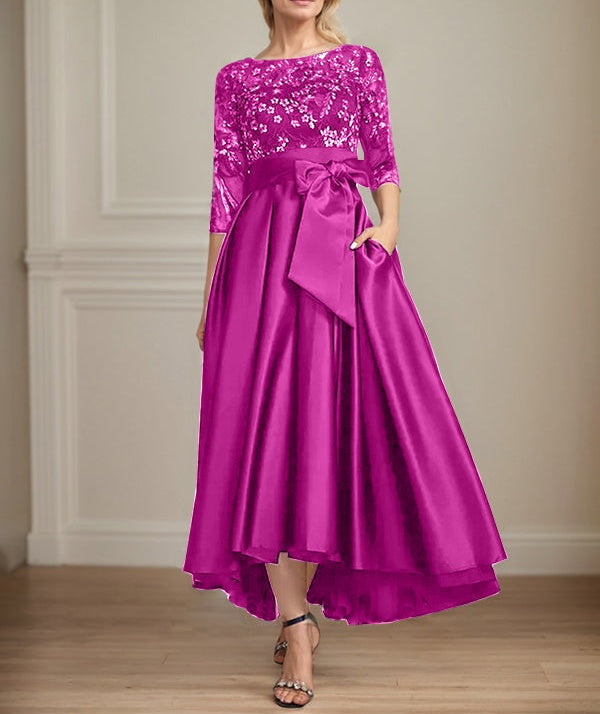A-line Scoop Illusion Asymmetrical Satin Lace Mother of the Bride Dress With Bow