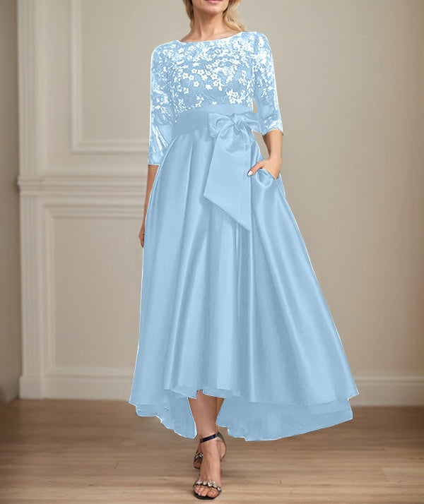 A-line Scoop Illusion Asymmetrical Satin Lace Mother of the Bride Dress With Bow