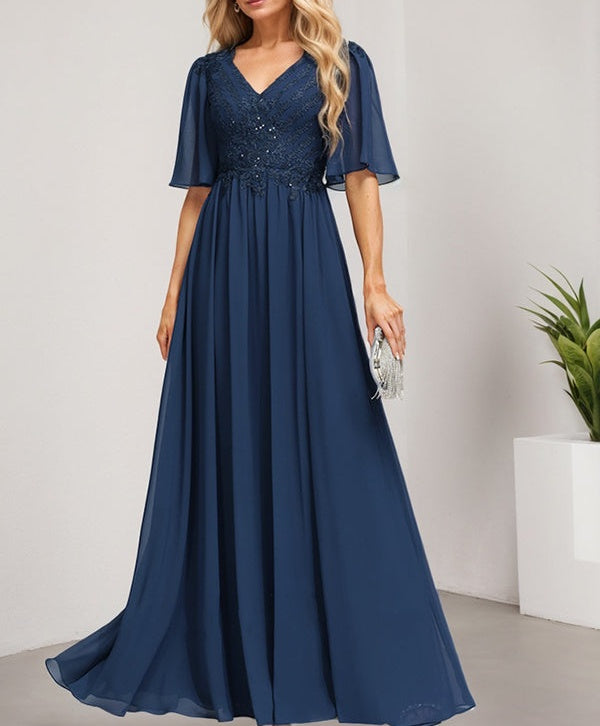 A-line V-Neck Floor-Length Lace Chiffon Mother of the Bride Dress With Sequins