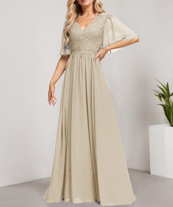 A-line V-Neck Floor-Length Lace Chiffon Mother of the Bride Dress With Sequins