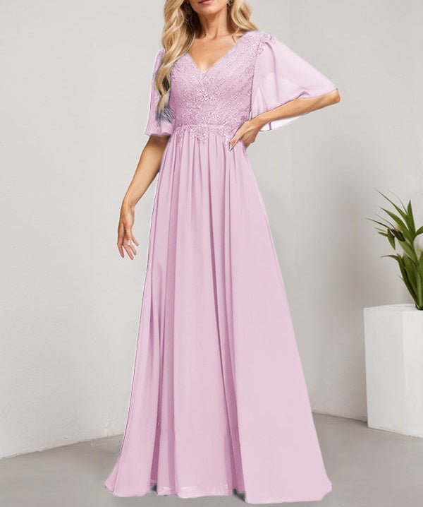 A-line V-Neck Floor-Length Lace Chiffon Mother of the Bride Dress With Sequins