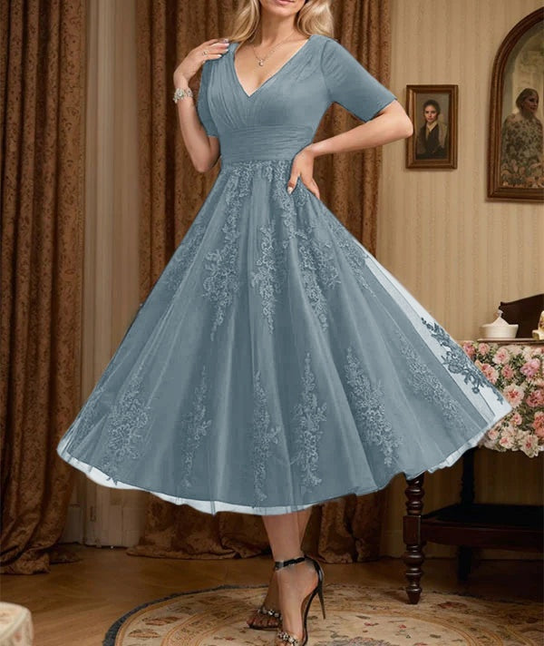 A-line V-Neck Tea-Length Tulle Lace Mother of the Bride Dress With Pleated